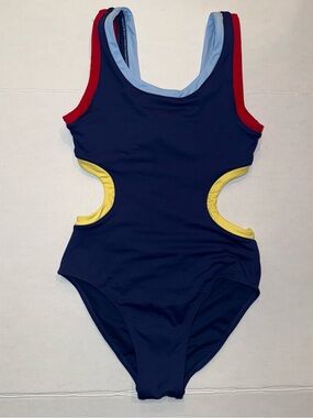 Habitual Navy One-Piece with Red Shoulder Straps & Yellow Cutout Trim